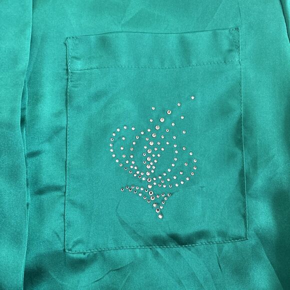 Leslie Fay Separates Green Satin Blouse Rhinestone Size 8 - Picture 3 of 7